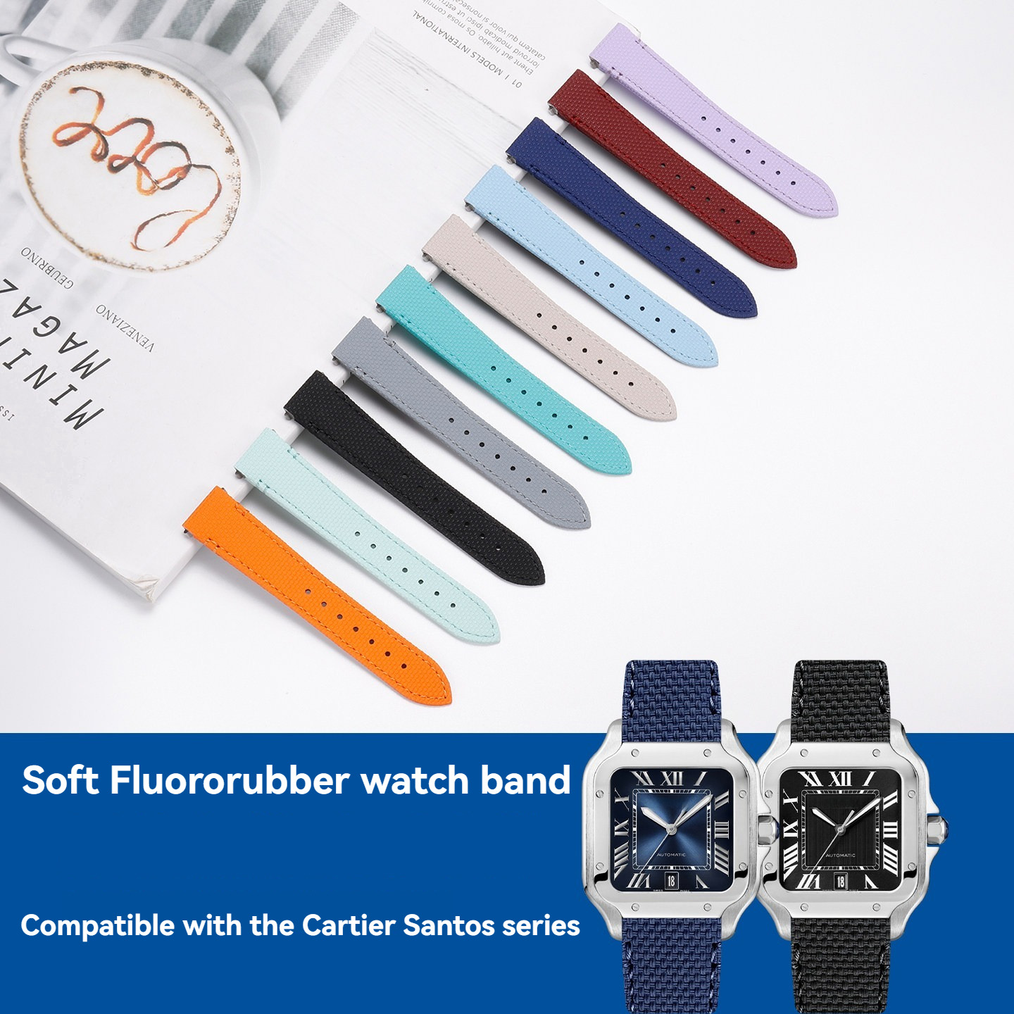 Cartier Watch Santos - 19 21mm Fluororubber Horlogeband voor Cartier